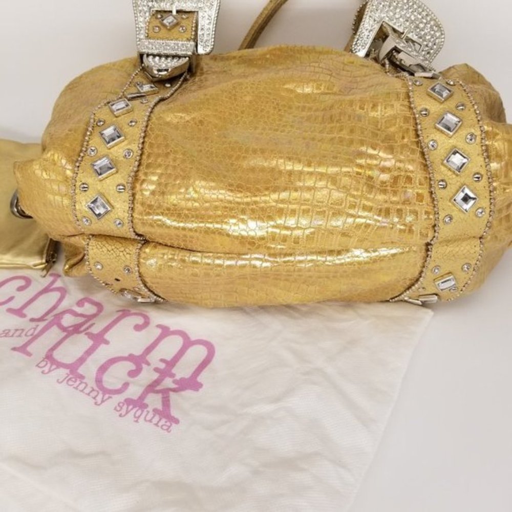 CHARM & LUCK LEATHER GOLD CRYSTAL JEWELED HANDBAG - Picture 3 of 11